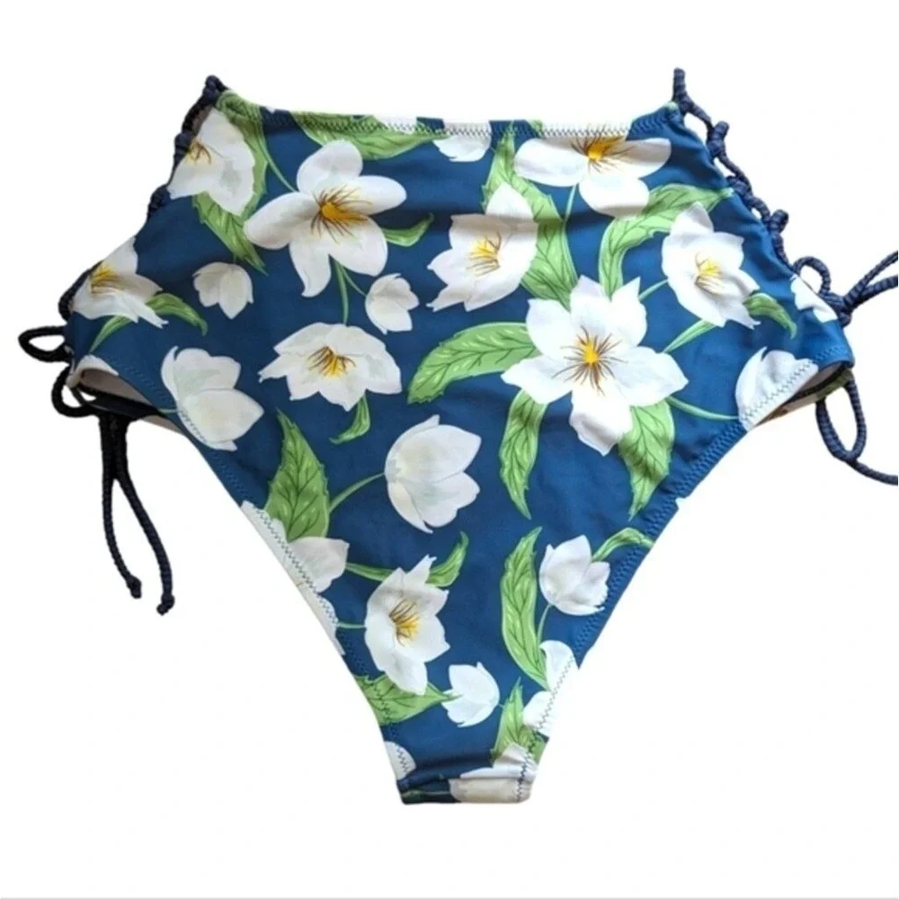 NEW Cupshe High Waist Bikini Bottom Swim Women's XL Blue‎ White Green Floral